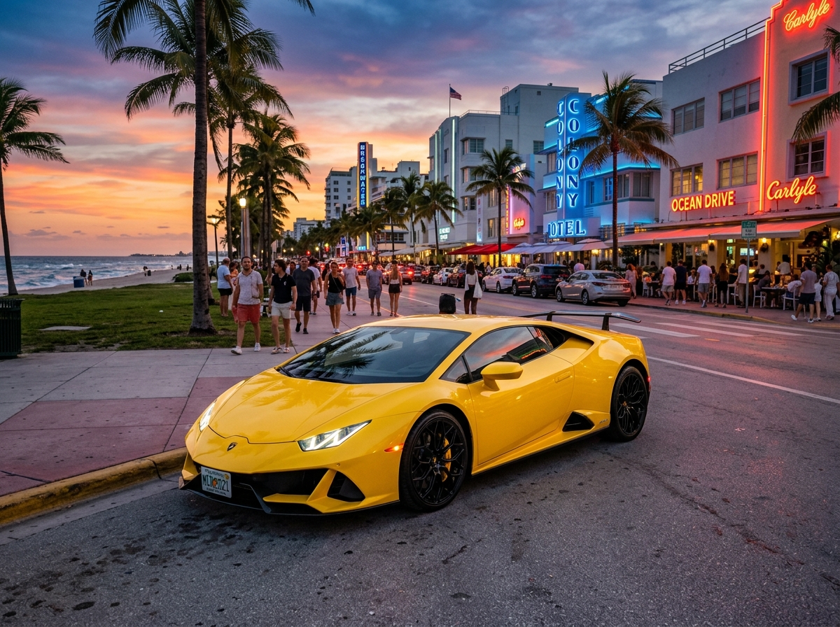 2021 Lamborghini Huracan EVO yellow parked on Miami South Beach Ocean Drive at sunset