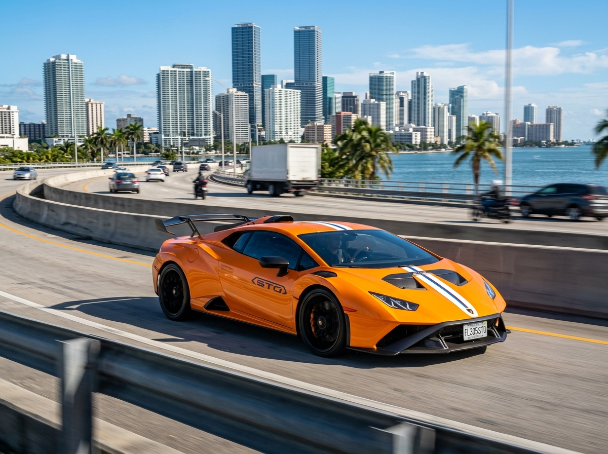 2022 Lamborghini Huracan STO orange track-spec supercar on Miami highway