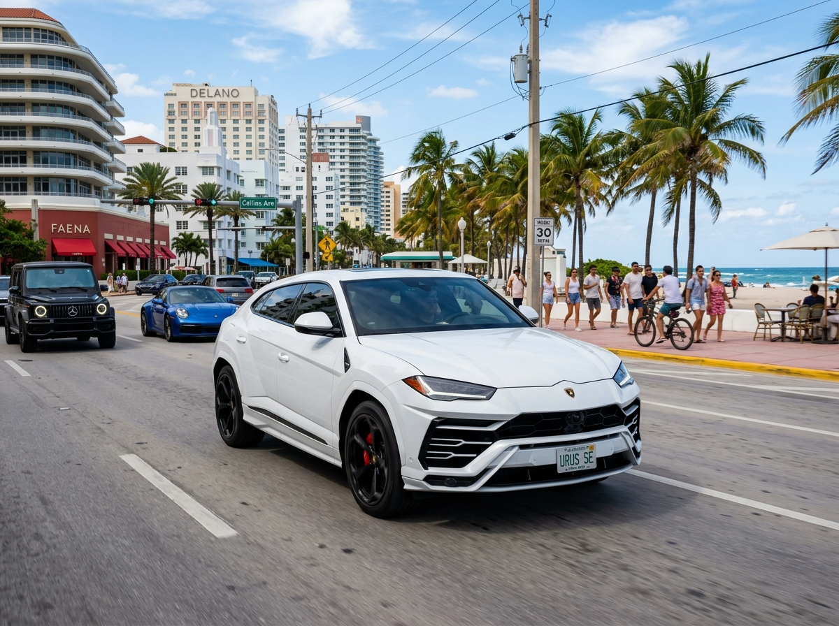 2025 Lamborghini Urus SE white luxury SUV on Miami Beach Collins Avenue