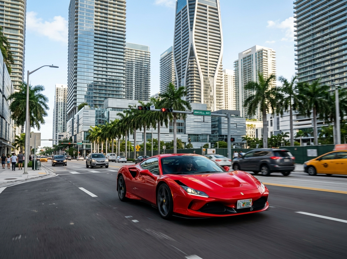 2022 Ferrari F8 Tributo red sports car driving on Miami downtown Brickell Avenue