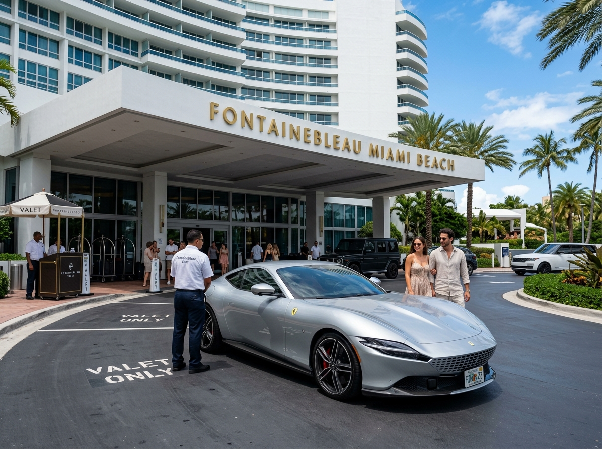2022 Ferrari Roma silver grand tourer parked at Fontainebleau Hotel Miami Beach valet