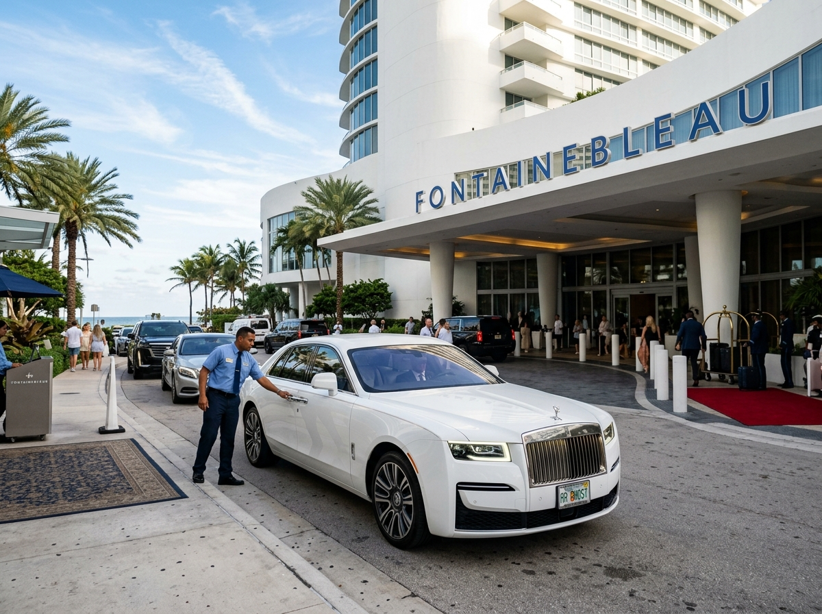 2023 Rolls-Royce Ghost white luxury sedan arriving at Miami Fontainebleau Hotel valet