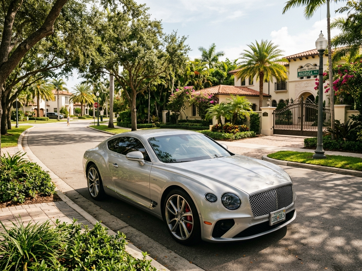 2022 Bentley Continental GT silver coupe parked on Coral Gables luxury residential street Miami