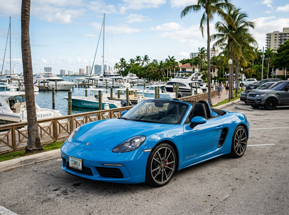 2022 Porsche 718 Boxster blue roadster convertible parked near Coconut Grove marina Miami
