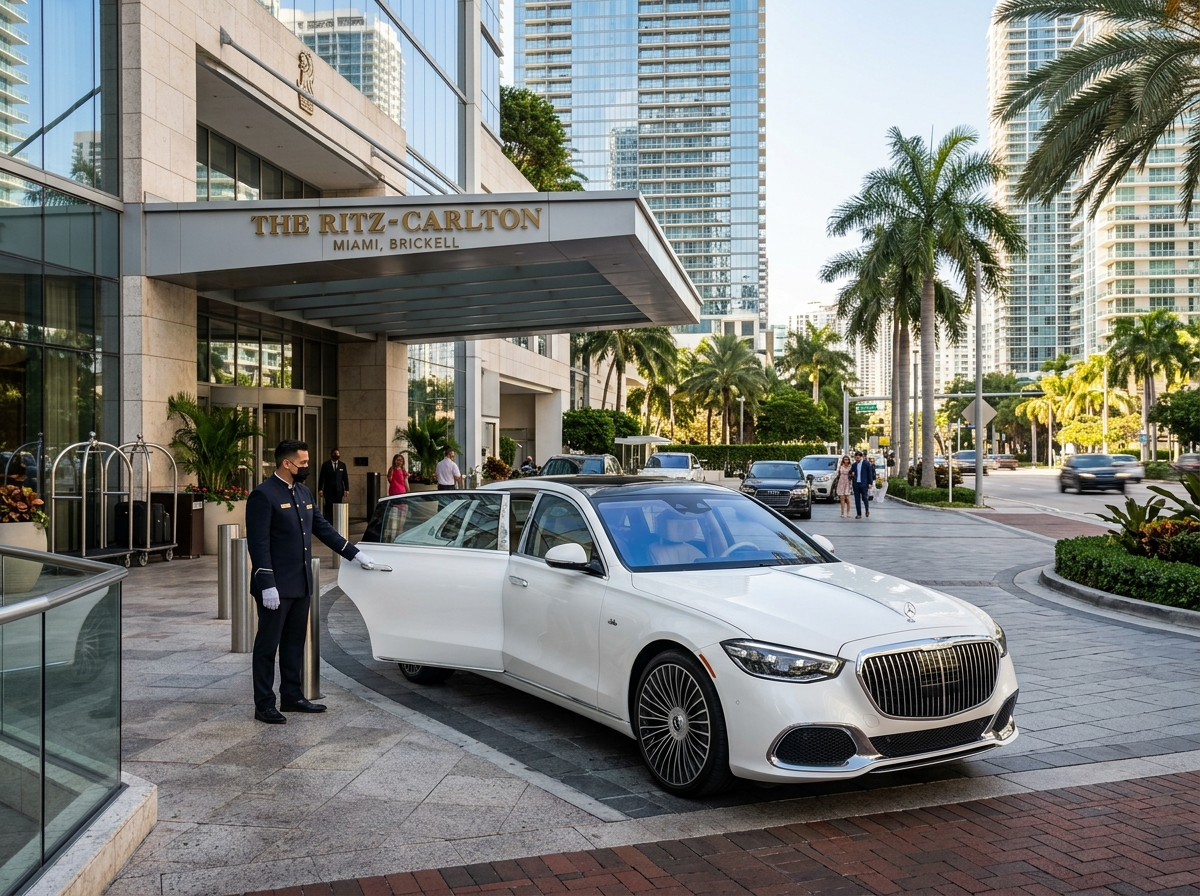 2024 Mercedes-Benz Maybach S680 white ultra luxury sedan at Miami Brickell Ritz-Carlton entrance