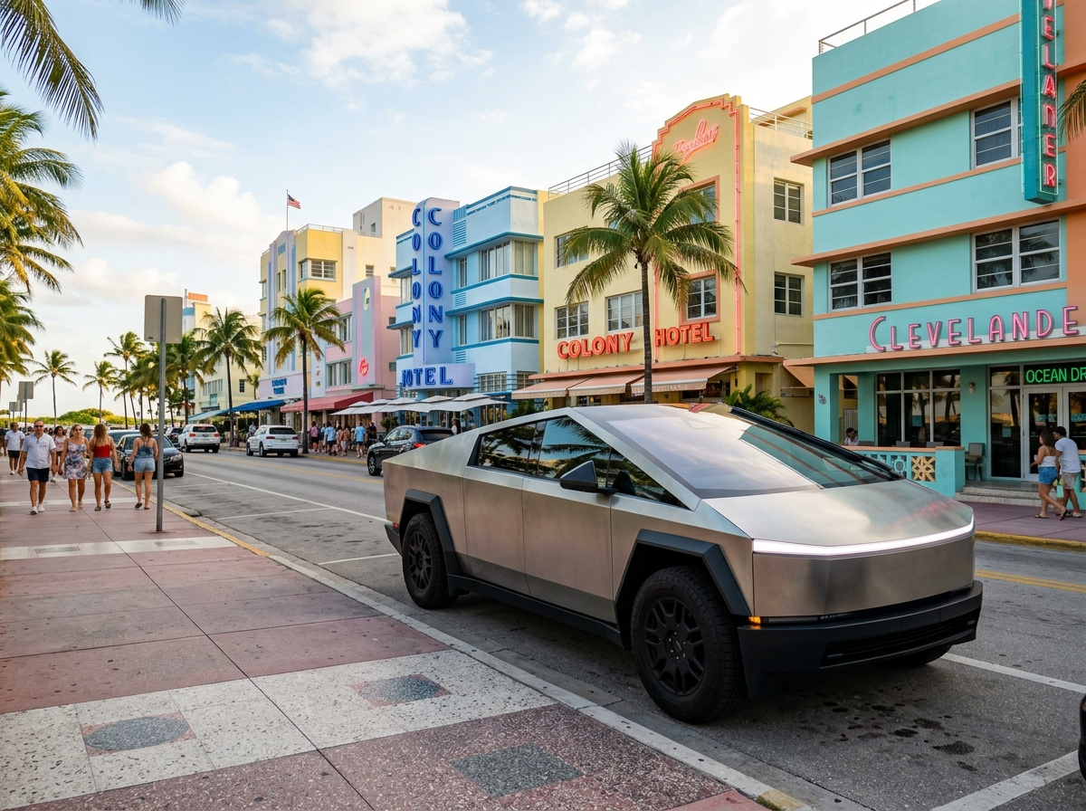 2024 Tesla Cybertruck silver futuristic electric pickup truck on Miami Art Deco South Beach backdrop